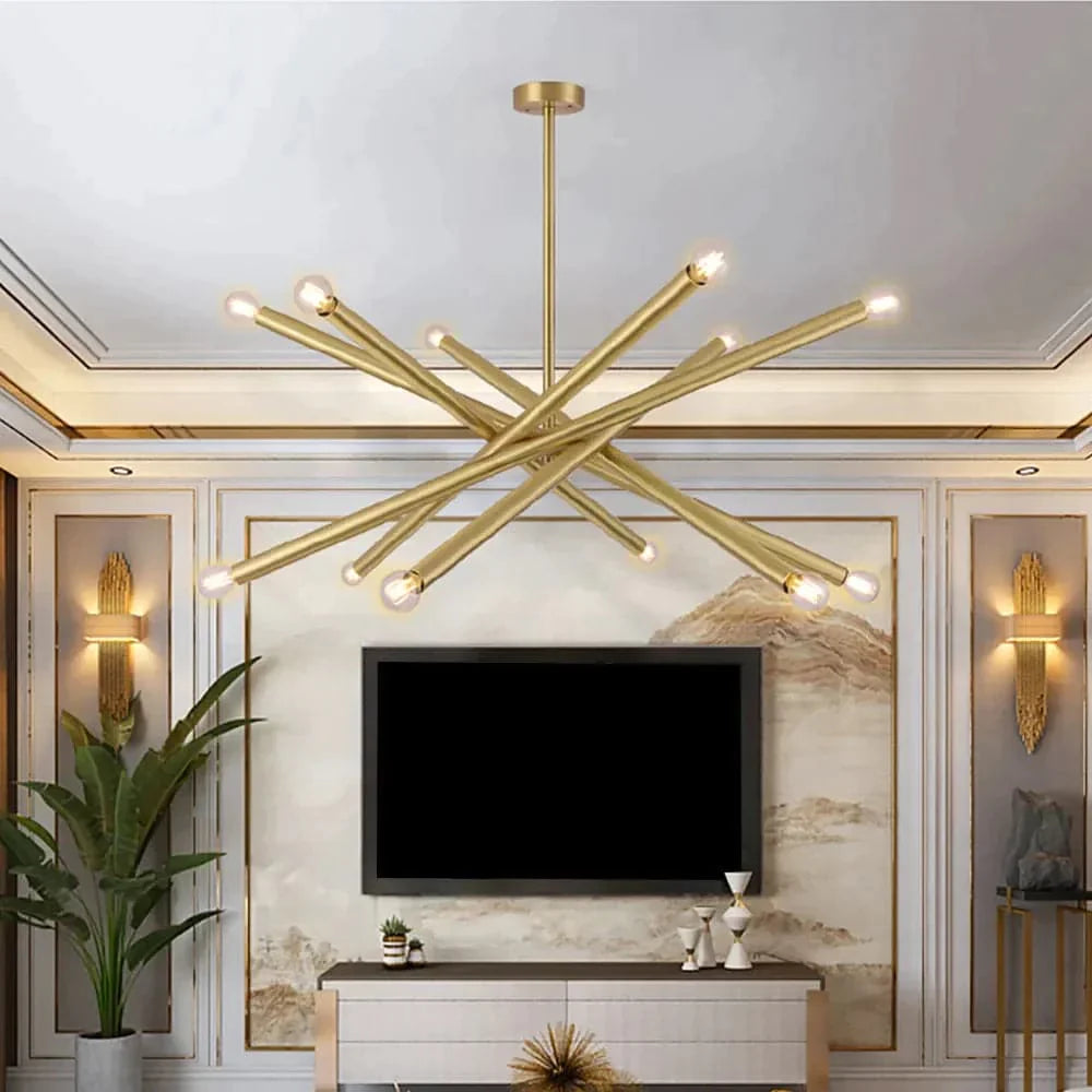 Modern Gold 12-Light Sputnik Semi Flush Mount Light with Hanging Rod