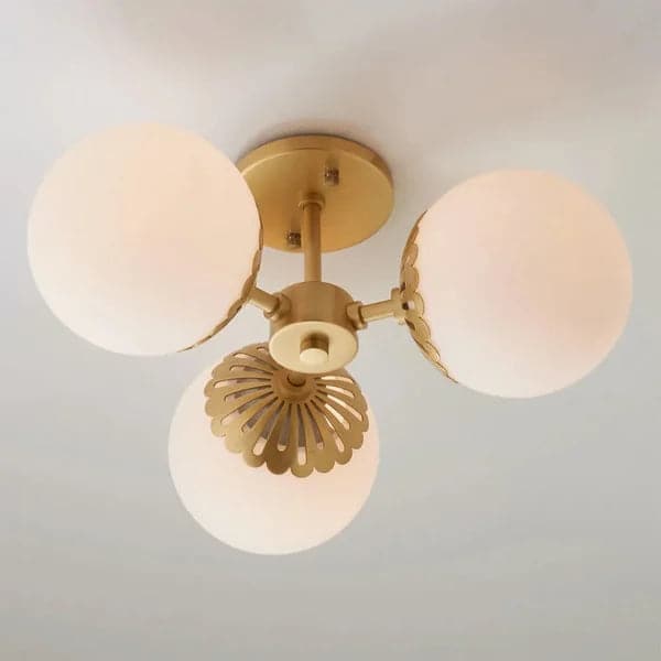 Modern Gold 3-Light Semi Flush Mount Light with White Round Glass Globe Shade