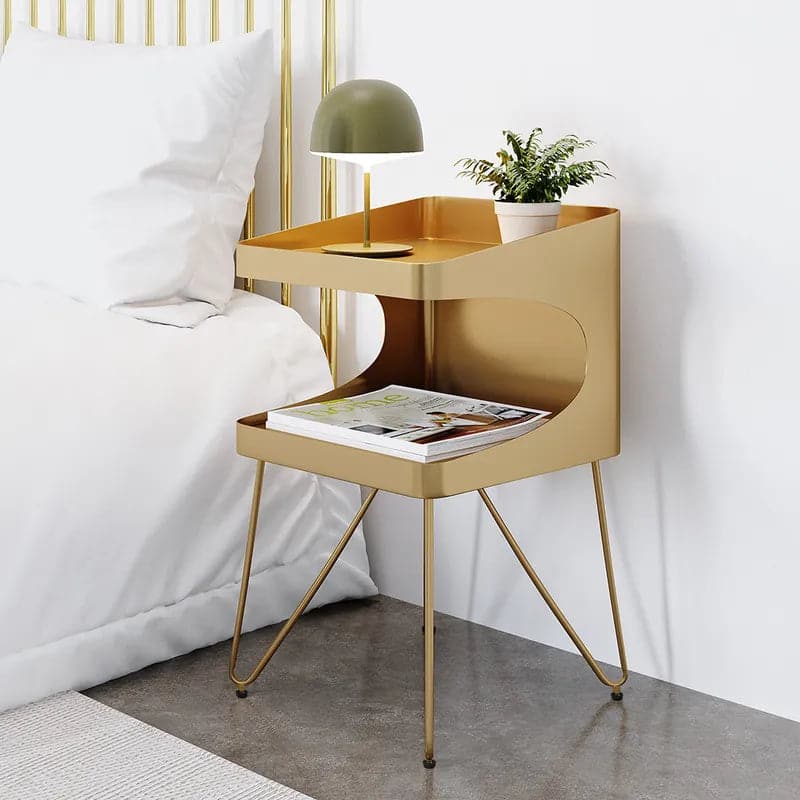 Modern Gold Metal Nightstand with 2 Shelves and Handle Bedside Table