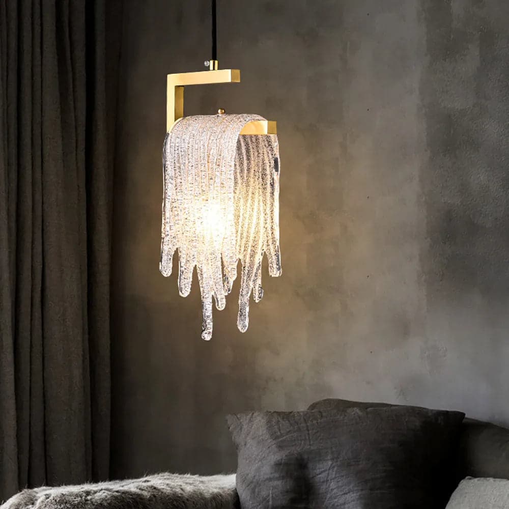 Modern Gold Pendant Light 1-Light Handmade Glass Waterfall for Bedroom and Living Room