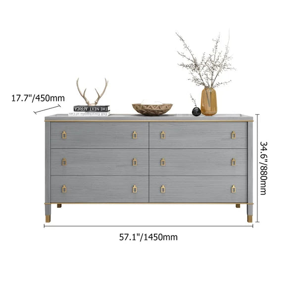 Modern Gray Dresser Chest of 6 Drawers Cabinet in Gold