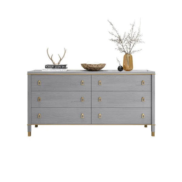 Modern Gray Dresser Chest of 6 Drawers Cabinet in Gold