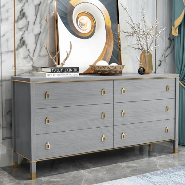 Modern Gray Dresser Chest of 6 Drawers Cabinet in Gold