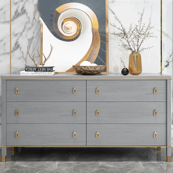 Modern Gray Dresser Chest of 6 Drawers Cabinet in Gold