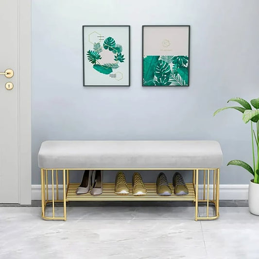 Modern Gray Entryway Bench with Shoe Storage Velvet Upholstered with Gold Frame and Shel