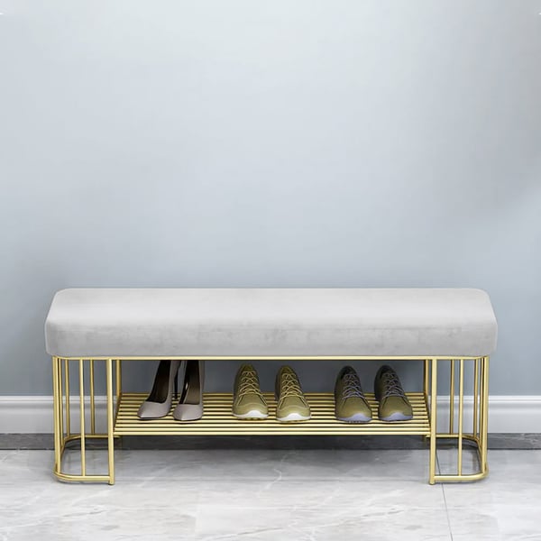 Modern Gray Entryway Bench with Shoe Storage Velvet Upholstered with Gold Frame and Shel