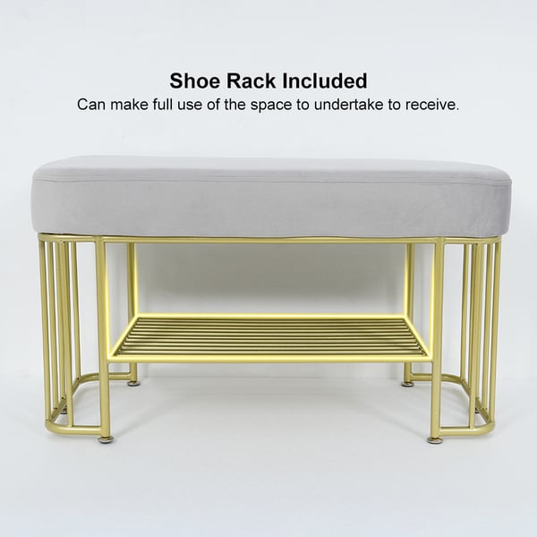 Modern Gray Entryway Bench with Shoe Storage Velvet Upholstered with Gold Frame and Shel