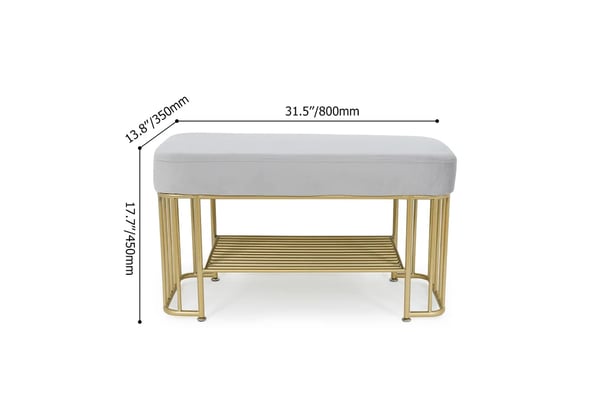 Modern Gray Entryway Bench with Shoe Storage Velvet Upholstered with Gold Frame and Shel