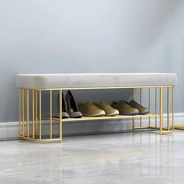 Modern Gray Entryway Bench with Shoe Storage Velvet Upholstered with Gold Frame and Shel