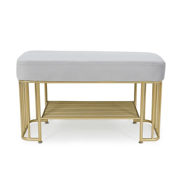 Modern Gray Entryway Bench with Shoe Storage Velvet Upholstered with Gold Frame and Shel