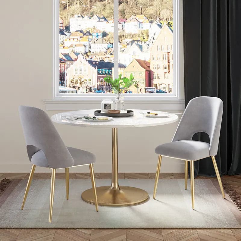 Modern Gray Upholstered Dining Chairs (Set of 2) with Hollow Back & Gold Leg