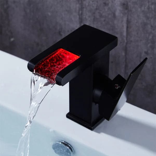 Modern LED Waterfall Single Handle Brass Faucet Single Hole for Bathroom Sinks Black