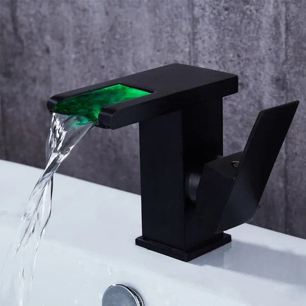 Modern LED Waterfall Single Handle Brass Faucet Single Hole for Bathroom Sinks Black