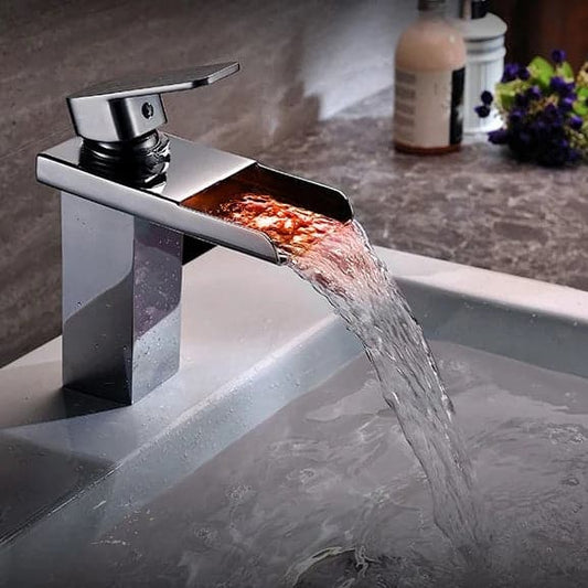 Modern LED Waterfall Single Handle One-Hole Faucet for Bathroom Sinks Polished Chrome