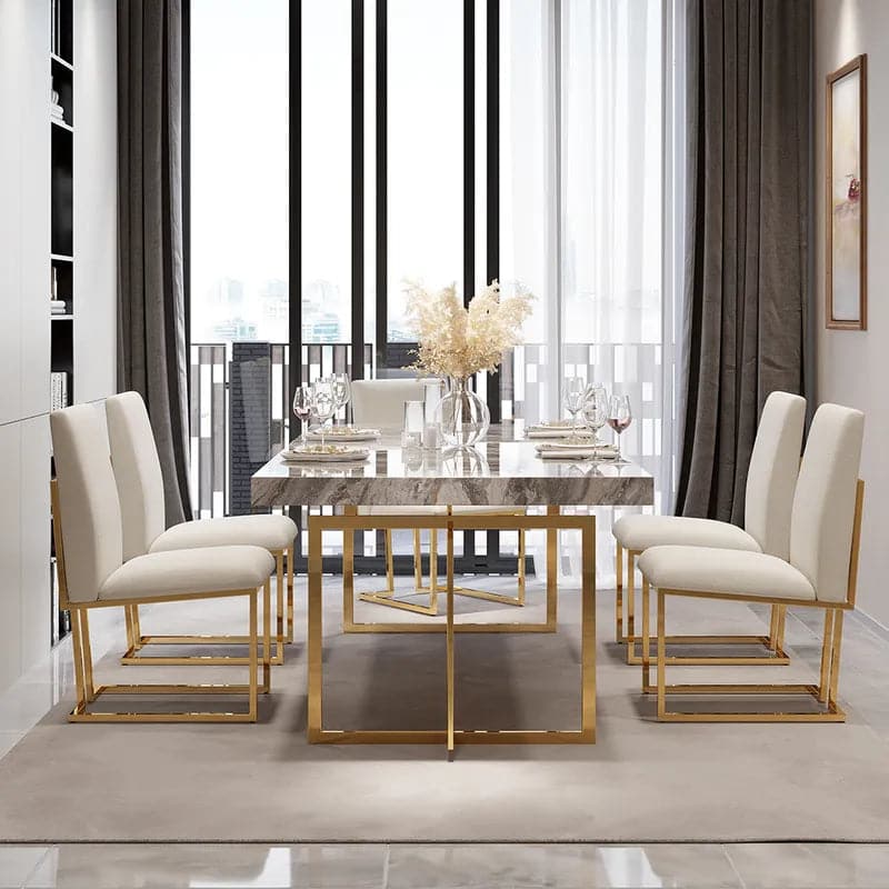 Modern Linen Dining Chair Upholstered in Beige Stainless Steel Leg Gold (Set of 2)