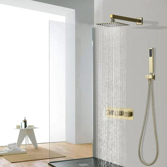 Modern Luxury 8" Wall Mounted Solid Brass Shower System with Hand Shower in Brushed Gold