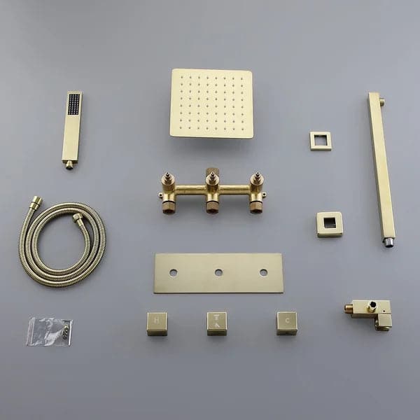 Modern Luxury 8" Wall Mounted Solid Brass Shower System with Hand Shower in Brushed Gold