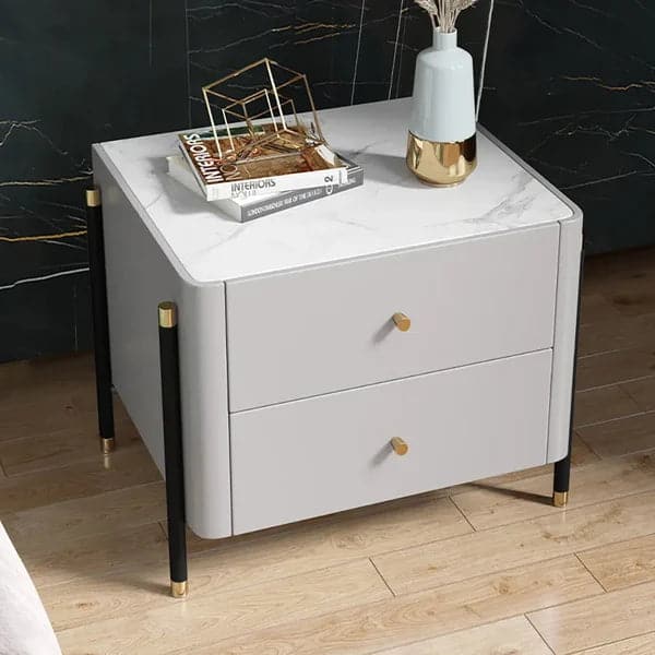 Modern Luxury Gray Nightstand 2-Drawer Bedside Table with Sintered Stone Top