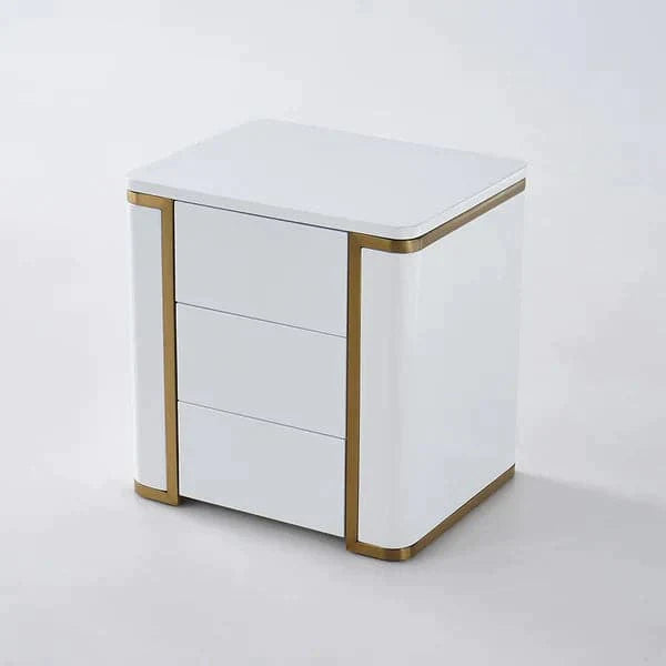 Modern Luxury White & Gold 3 Drawers Bedroom Nightstand Square Bedside Table