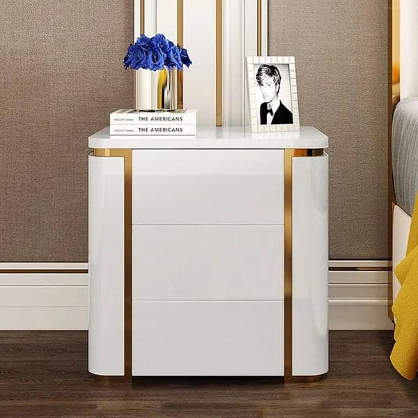 Modern Luxury White & Gold 3 Drawers Bedroom Nightstand Square Bedside Table