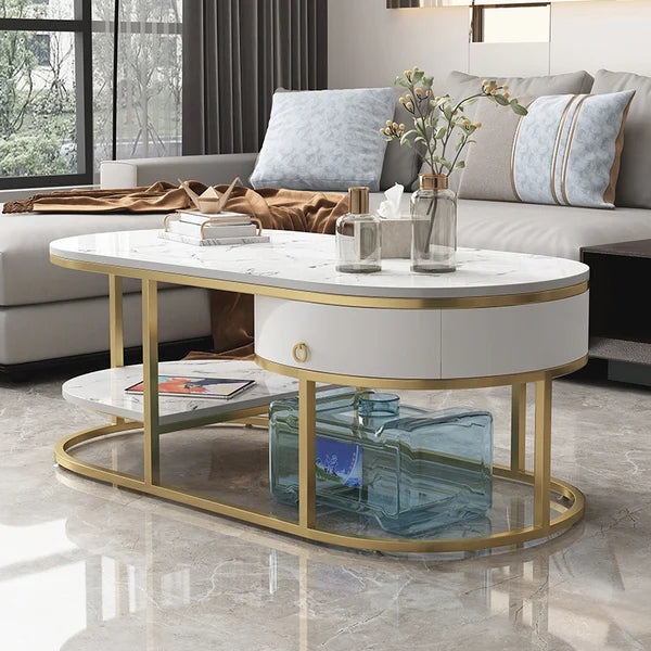 Modern Marble Coffee Table with Drawers & Shelf in White