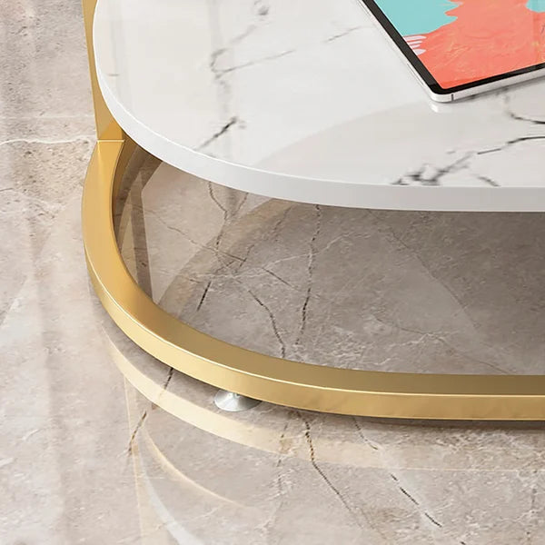 Modern Marble Coffee Table with Drawers & Shelf in White