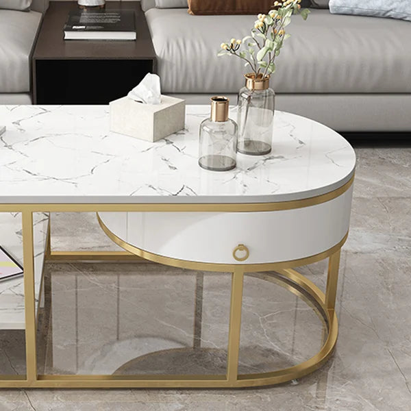 Modern Marble Coffee Table with Drawers & Shelf in White