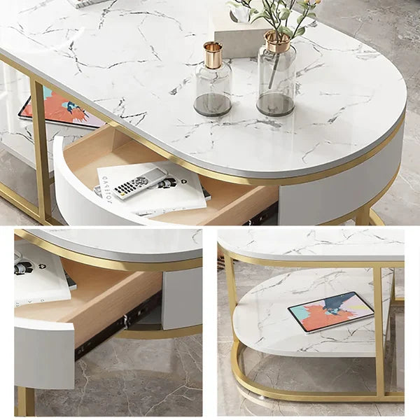 Modern Marble Coffee Table with Drawers & Shelf in White