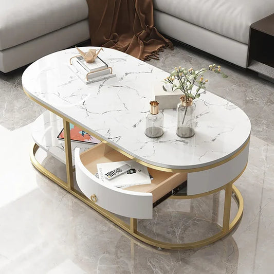 Modern Marble Coffee Table with Drawers & Shelf in White