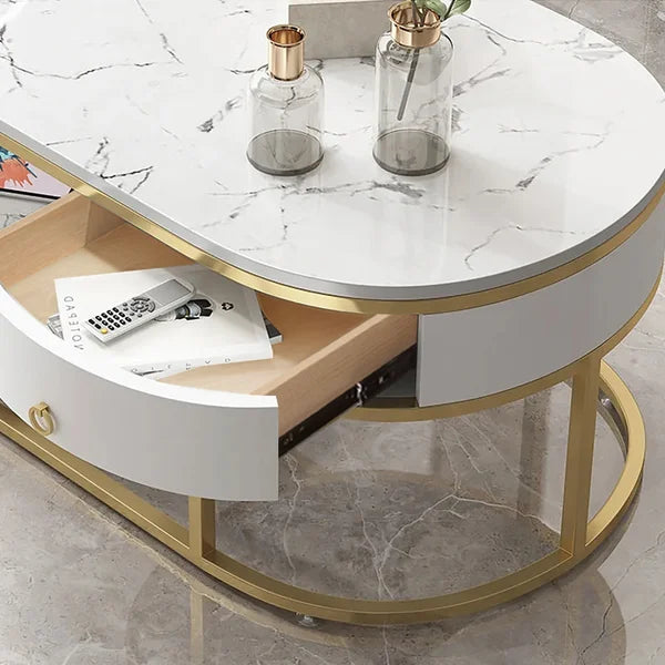 Modern Marble Coffee Table with Drawers & Shelf in White