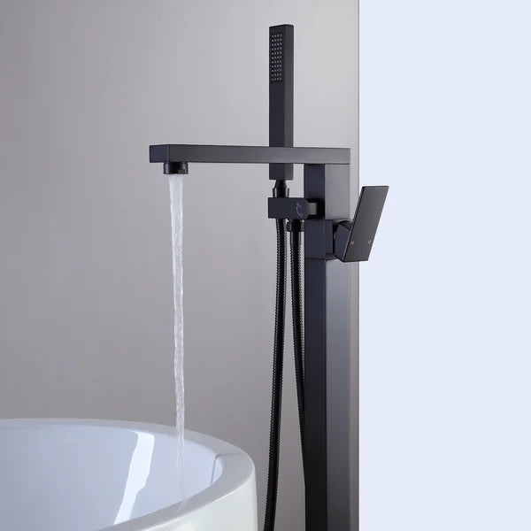 Modern Matte Black 1-Handle Freestanding Bathtub Faucet & Handshower Solid Brass