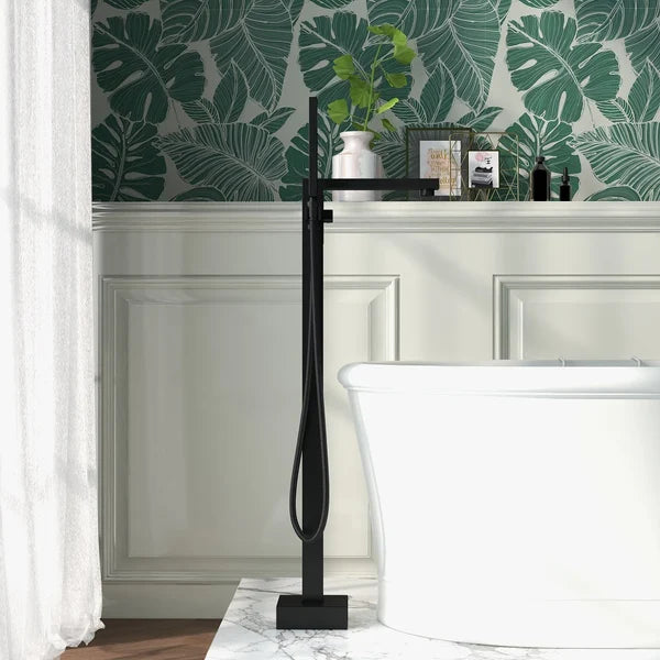 Modern Matte Black 1-Handle Freestanding Bathtub Faucet & Handshower Solid Brass