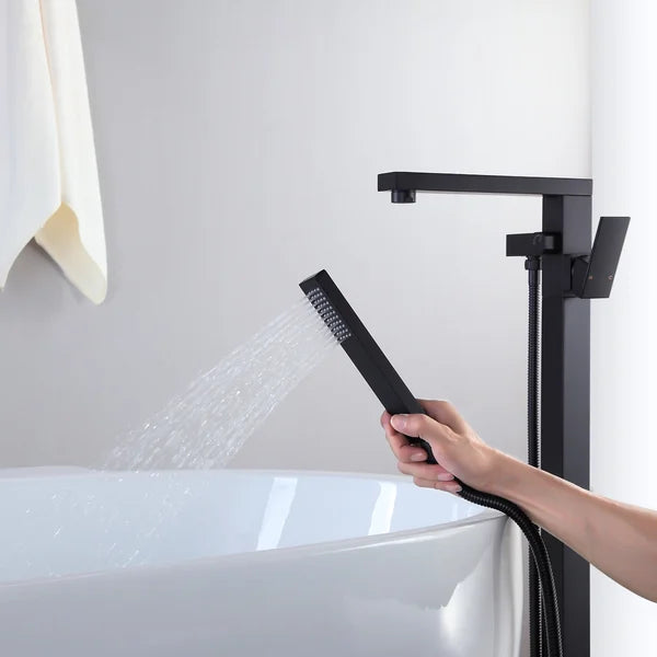 Modern Matte Black 1-Handle Freestanding Bathtub Faucet & Handshower Solid Brass