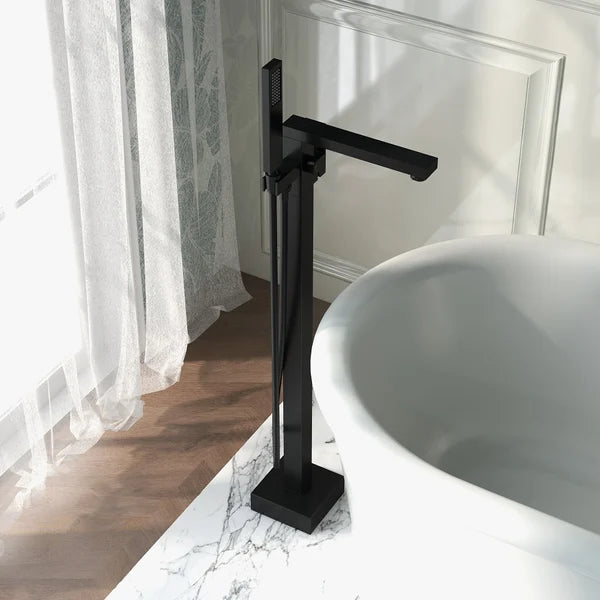 Modern Matte Black 1-Handle Freestanding Bathtub Faucet & Handshower Solid Brass