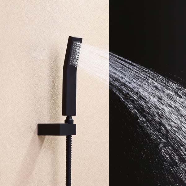 Modern Matte Black Wall Mounted 12" Rainfall Showerhead & Handheld Shower Set with Six Body Spray Jets Thermostatic Solid Brass