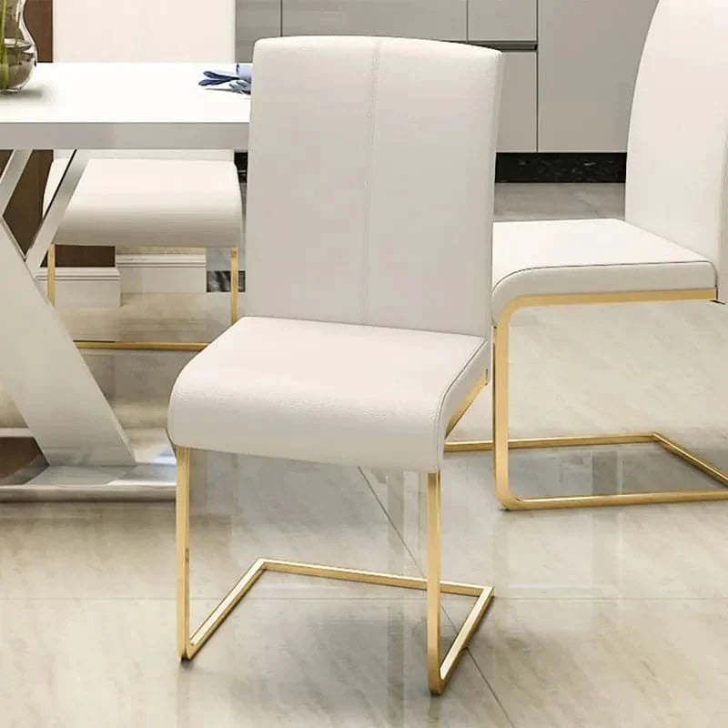 Modern Minimalist Upholstered White PU Leather Dining Chairs Set of 4 Gold Metal Base