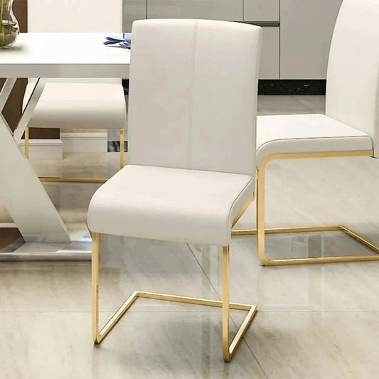 Modern Minimalist Upholstered White PU Leather Dining Chairs Set of 4 Gold Metal Base