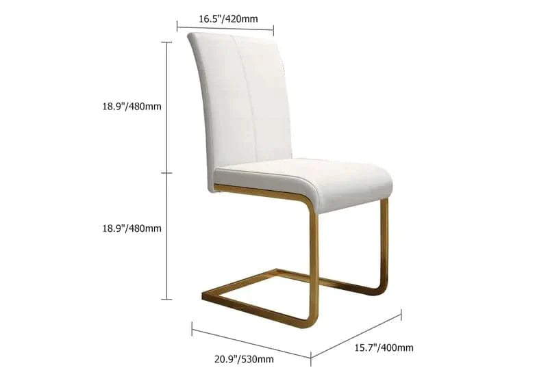 Modern Minimalist Upholstered White PU Leather Dining Chairs Set of 4 Gold Metal Base