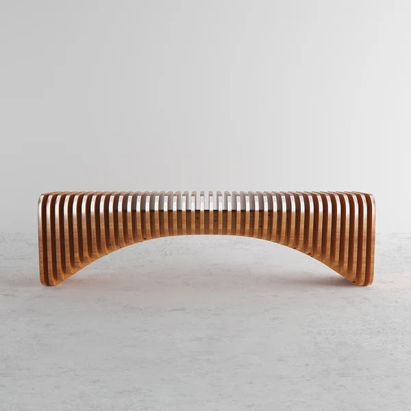 Modern Natural Wooden Curved Entryway Bench Seat Vertical Linear Surface