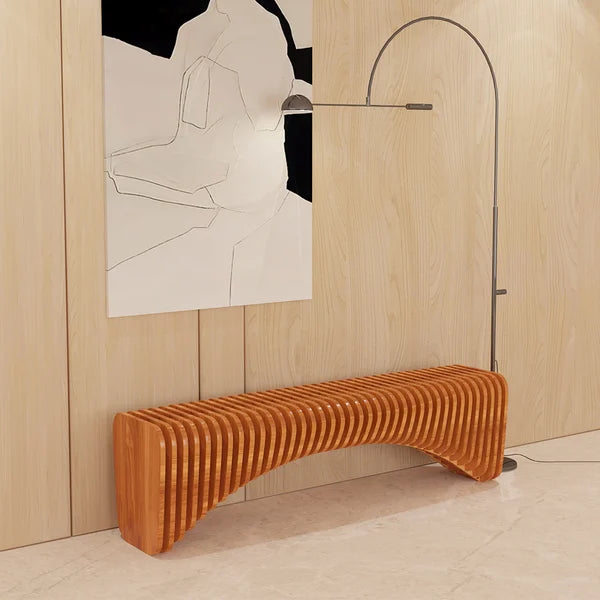 Modern Natural Wooden Curved Entryway Bench Seat Vertical Linear Surface