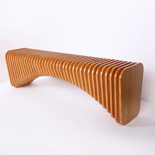 Modern Natural Wooden Curved Entryway Bench Seat Vertical Linear Surface