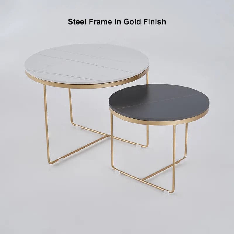 Modern Nesting Coffee Table Set 2-Piece Black and White Sintered Stone Top Gold Base