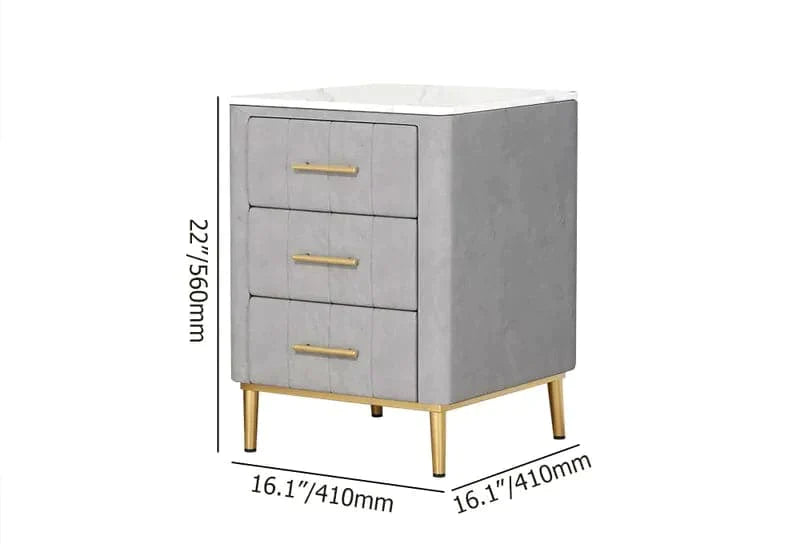 Modern Nightstand Gray Velvet Bedside Table 3 Drawers with Sintered Stone Top