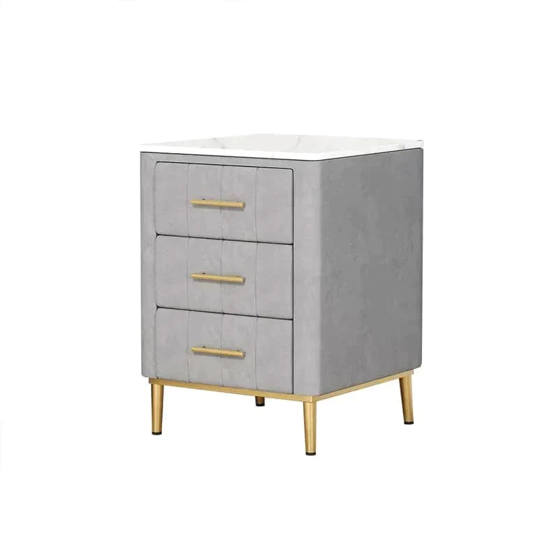 Modern Nightstand Gray Velvet Bedside Table 3 Drawers with Sintered Stone Top