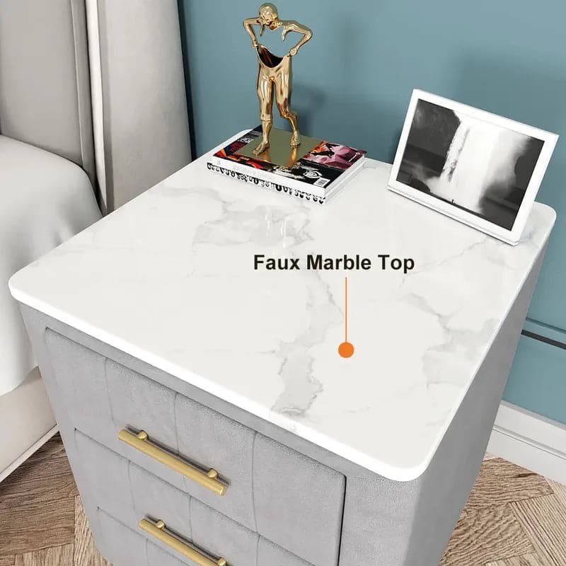 Modern Nightstand Gray Velvet Bedside Table 3 Drawers with Sintered Stone Top