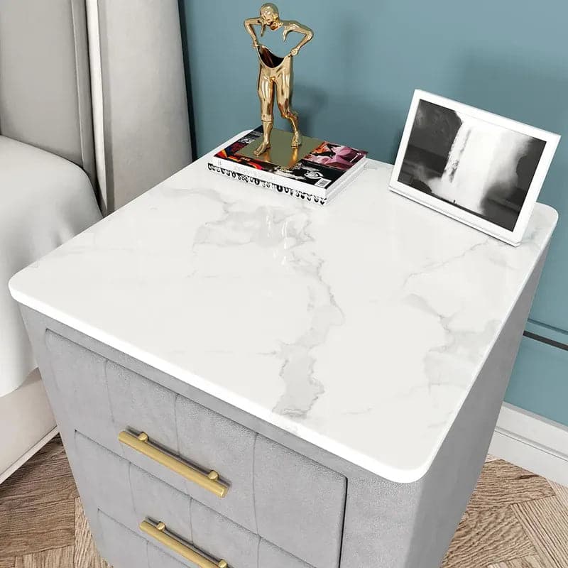 Modern Nightstand Gray Velvet Bedside Table 3 Drawers with Sintered Stone Top