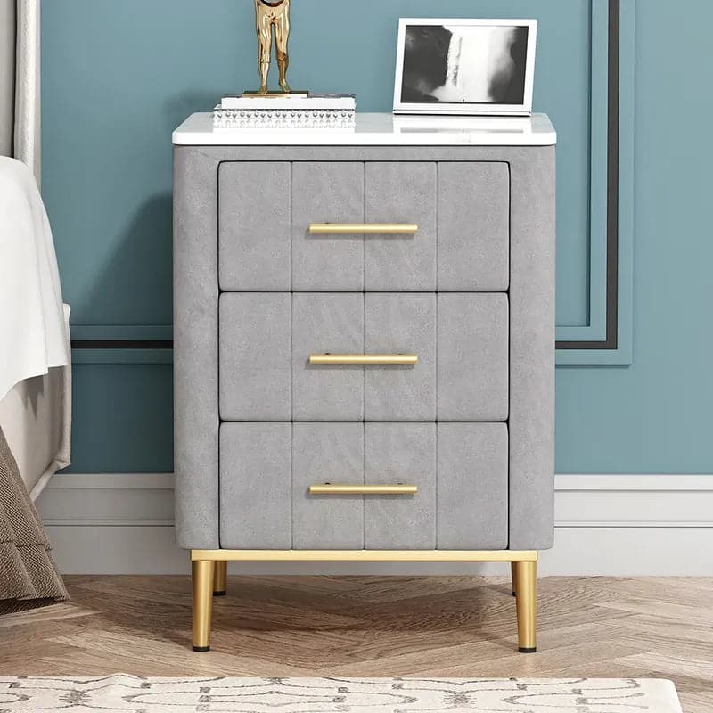 Modern Nightstand Gray Velvet Bedside Table 3 Drawers with Sintered Stone Top