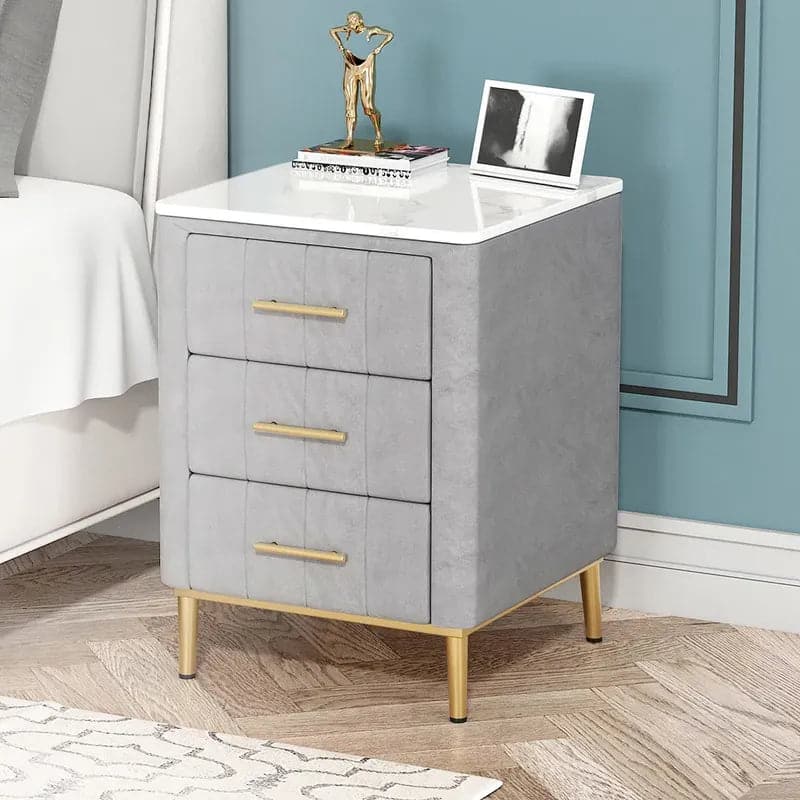 Modern Nightstand Gray Velvet Bedside Table 3 Drawers with Sintered Stone Top