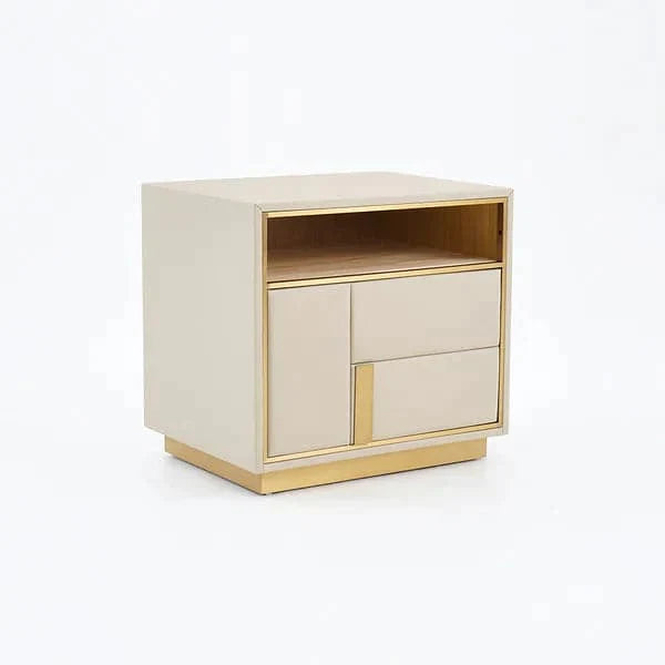 Modern Off-White Wooden Nightstand PU Leather Upholstery with 1 Drawer