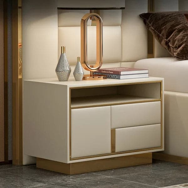 Modern Off-White Wooden Nightstand PU Leather Upholstery with 1 Drawer